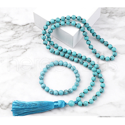 Synthetic Turquoise Round Beaded Pendant Necklaces & Bracelets Sets FS-WG9D102-12-1
