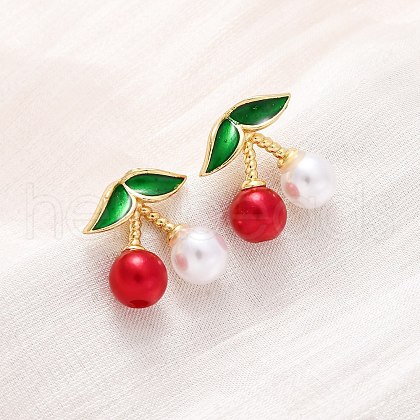 Cherry Brass ABS Plastic Pearl Stud Earrings EJEW-U062-04B-01G-1