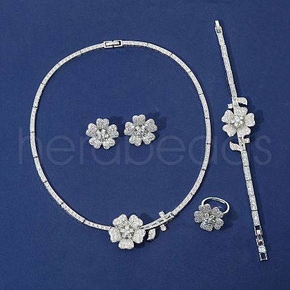 Flower Brass Micro Pave Cubic Zirconia Pendant Necklaces & Stud Earrings & Rings & Bracelets Sets WG9A1B1-01-1