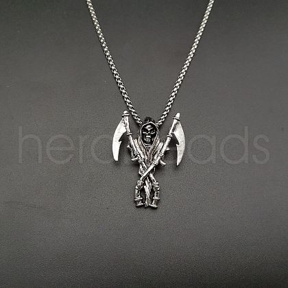 Alloy Ruby Rhinestone Grim Reaper Pendant 667 Stainless Steel Chain Necklaces FS-WG7010E-05-1
