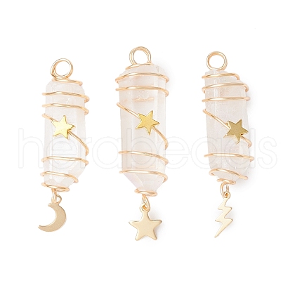 3Pcs 3 Styles Electroplated Natural Quartz Crystal Pointed Copper Wire Wrapped Pendants PALLOY-JF03766-06-1