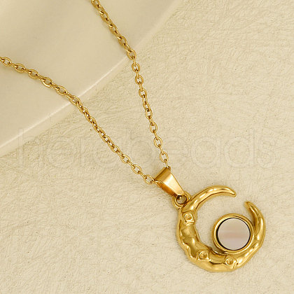 304 Stainless Steel Pave Natural White Shell Crescent Moon Pendant Necklaces ZQ6791-4-1