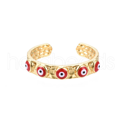 Real 18K Gold Plated Brass Open Cuff Ring with Enamel Evil Eye for Women RJEW-Q166-02D-1