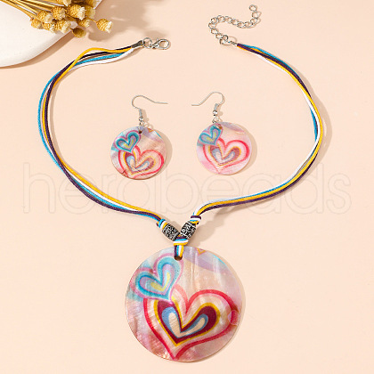 Boho Printed Natural Shell Graffiti Flat Round Pendant Earrings & Necklaces Set FS-WG2A623-01-1