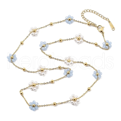Glass and ABS Plastic Flower Link Chain Necklaces NJEW-H041-05G-02-1