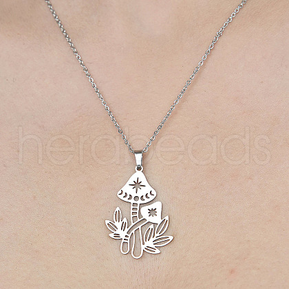 201 Stainless Steel Hollow Mushroom Pendant Necklace NJEW-OY001-69-1