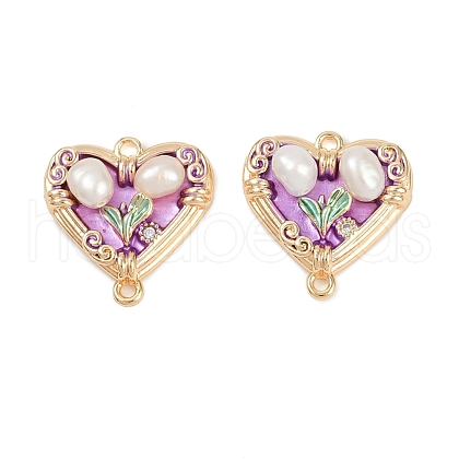 Brass Enamel & Natural Pearl Heart with Flower Connector Charms KK-K351-52G-02-1