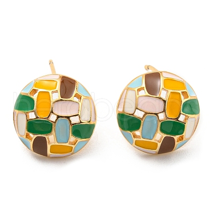 Real 18K Gold Plated Brass Flat Round Stud Earrings with Enamel KK-C026-12G-1
