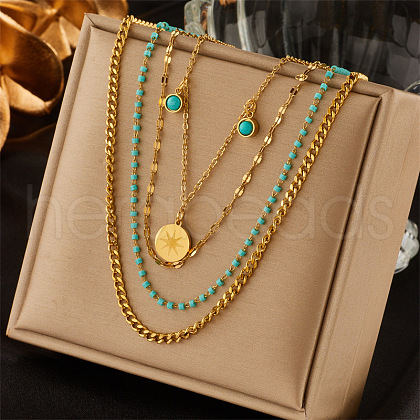 304 Stainless Steel & Synthetic Turquoise Pendant Multi Layered Necklaces for Women FS-WG34384-06-1
