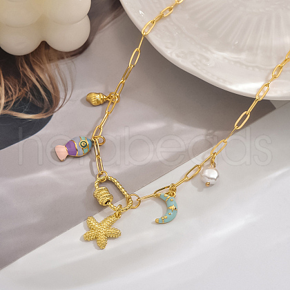 Romantic Ocean-themed Brass Enamel & Natural Pearl Starfish Shell Shape Fish Pendant Necklaces for Women XQ8742-1-1