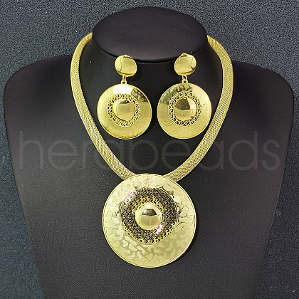 Flat Round Alloy Pendant Necklaces & Stud Dangle Earrings Sets FS-WG27598-01-1