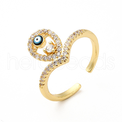 Clear Cubic Zirconia Teardrop with Enamel Evil Eye Open Cuff Ring KK-H439-56G-1