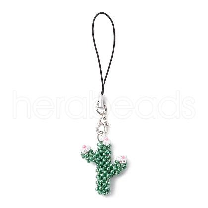 Cactus Glass Seed Beaded Mobile Straps HJEW-MZ00223-1