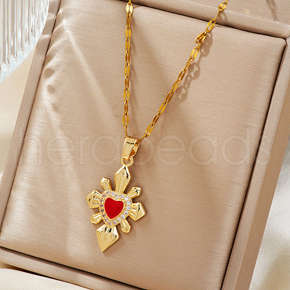 Elegant Brass Red Enamel Snowflake Heart Cross Pendant Necklaces NJ8500-2-1