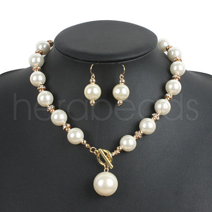 ABS Plastic Imitation Pearl Round Beaded Pendant Necklaces & Dangle Earrings Sets for Women WGD1C77-02-1