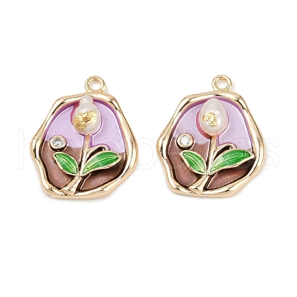 Brass Enamel & Natural Pearl Oval with Rose Flower Pendants KK-K351-47G-01-1
