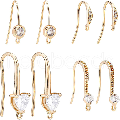 BENECREAT 16Pcs 4 Style Brass Cubic Zirconia Earring Hooks KK-BC0007-86-1