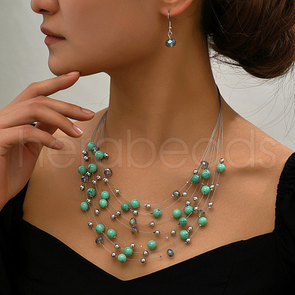 Bohemian Ethnic Style Alloy & Plastic Pearl & Glass Round Beaded Multilayer Necklaces & Dangle Earrings Sets FS-WG56E61-02-1
