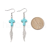 Synthetic Turquoise Cross with Alloy Feather Dangle Earrings EJEW-TA00150-4