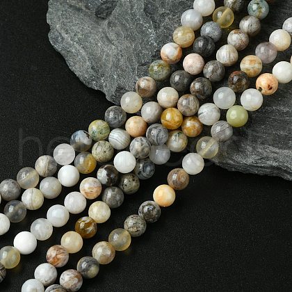 Natural Bamboo Leaf Agate Round Bead Strands G-M248-6mm-04-1