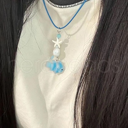 Summer Beach Fish & Starfish Plastic Pendant Waxed Cord Necklaces for Women Men FS-WG10C1B-01-1