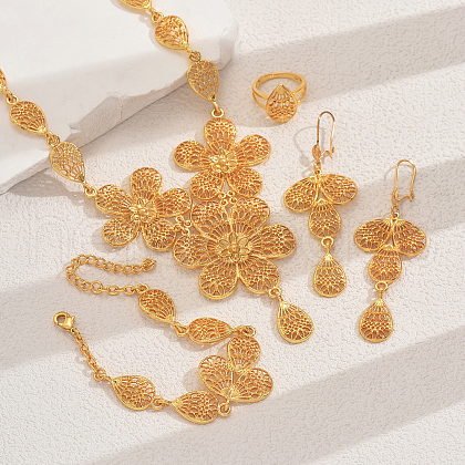 Vintage Alloy Flower Tassel Bracelets & Earrings & Necklaces & Rings Set for Bride Wedding Evening Party US5034-1