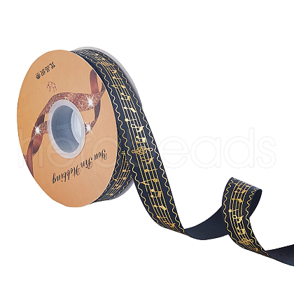 50 Yards Gold Stamping Musical Note Polyester Printed Ribbon OCOR-WH0091-34A-1