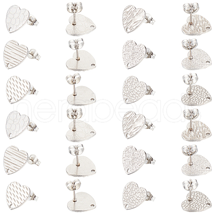 SOFPLATE 48Pcs 6 Styles Textured Heart 304 Stainless Steel Stud Earring Findings STAS-SP0001-48-1