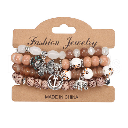 4Pcs Bohemian Style Alloy & Glass & Acrylic Charm Bracelets Set WG8E884-05-1