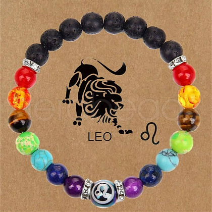 12 Constellations 7 Chakra Natural Lava Rock & Agate & Amethyst & Tiger Eye & Turquoise & Glass Round Beadeed Stretch Bracelets WG33A89-07-1