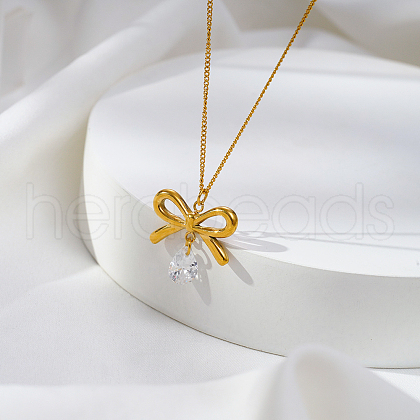 Simple Design Stainless Steel Bowknot with Clear Cubic Zirconia Teardrop Pendant Necklaces for Women ET2385-1-1