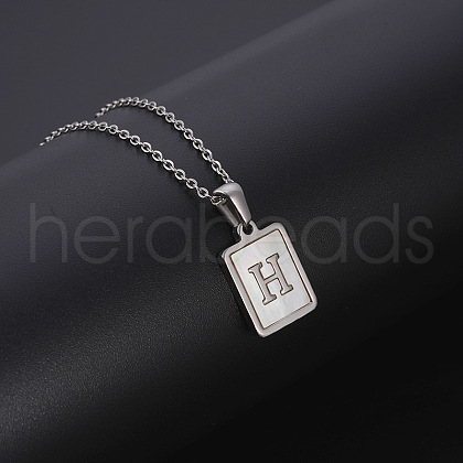 Rectangle Stainless Steel Pave Natural White Shell Pendant Necklaces FS-WG3D812-08-1