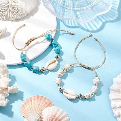 2Pcs Adjustable Synthetic Turquoise Dyed Beads & Natural Cowrie Shell Beaded Braided Bead Bracelets for Women BJEW-JB11544-1