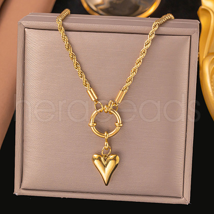304 Stainless Steel Heart Pendant Rope Chain Necklaces for Women NJEW-C088-04G-1
