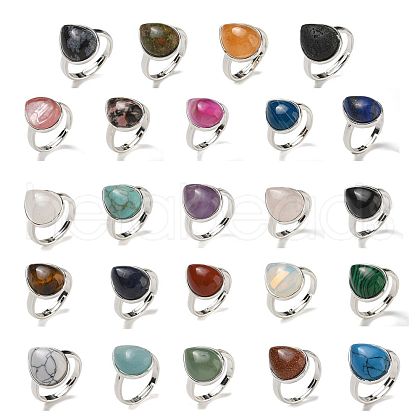 Natural & Synthetic Gemstone Teardrop Adjustable Rings RJEW-K371-08S-1