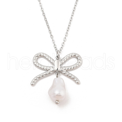 304 Stainless Steel & Plastic Pearl Bowknot Pendant Cable Chain Necklaces NJEW-H044-09P-1