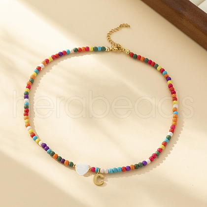 Heart Natural Shell & Colorful Glass Seed Round Beaded Necklaces FS-WGE10D5-03-1
