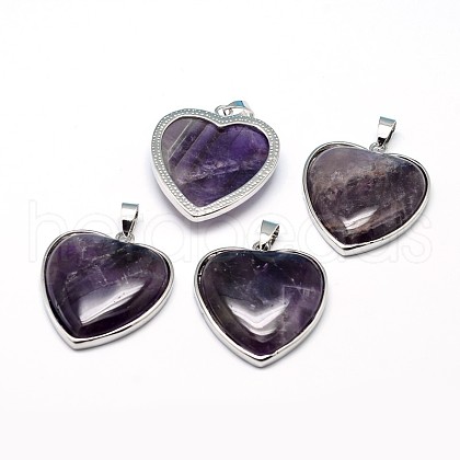 Heart Platinum Plated Brass Natural Amethyst Pendants G-F228-10B-RS-1