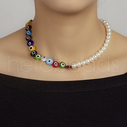 Evil Eye Resin and Plastic Imitation Pearl Round Beaded Necklaces for Women FS-WG93D78-01-1