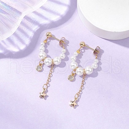 Mother's Day Jewellery 304 Stainless Steel Round with Star Shell Pearl Hoop Earrings EJEW-TA00633-1