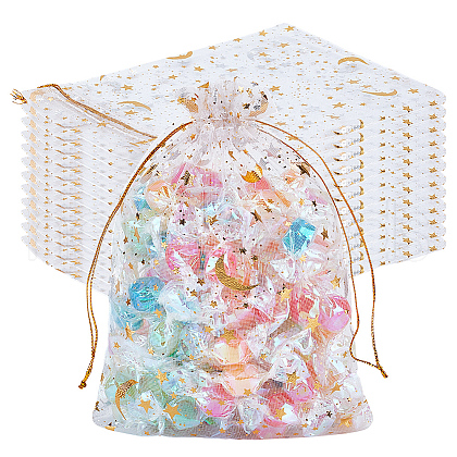 Beebeecraft 50Pcs Gold Stamping Moon & Star Organza Drawstring Gift Storage Bags OP-BBC0001-03C-01-1