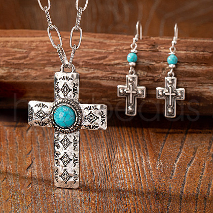 Cross Alloy & Synthetic Turquoise Pendant Necklaces & Dangle Earrings Sets FS-WG79C71-01-1