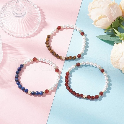 3Pcs Shell Pearl Bead & Natural Carnelian & Dyed Lapis Lazuli & Tiger Eye Round Beaded Stretch Bracelets for Women BJEW-JB11937-1