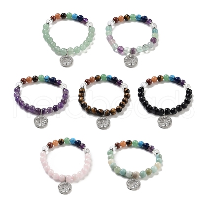 Natural Mixed Gemstone Round Beaded Chakra Stretch Bracelets BJEW-K251-01-1