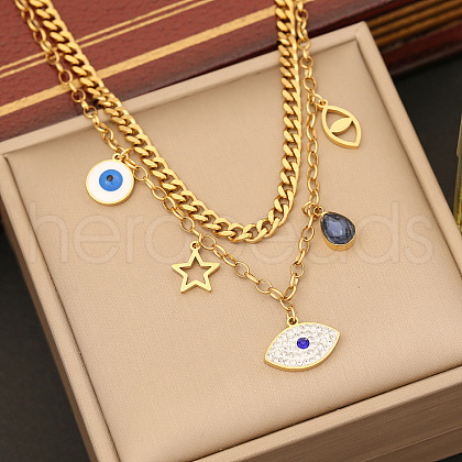 Blue Evil Eye Teardrop Star 304 Stainless Steel Micro Pave Cubic Zirconia Pendant Double Layer Necklaces for Women FS-WGE1300-01-1