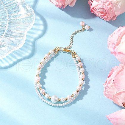 Glass Pearl Round Beaded Multi-strand Bracelets BJEW-JB11918-04-1