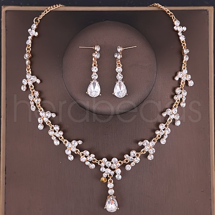 Teardrop Alloy Rhinestone Pendant Necklaces & Stud Dangle Earrings Sets FS-WGE9DA1-01-1