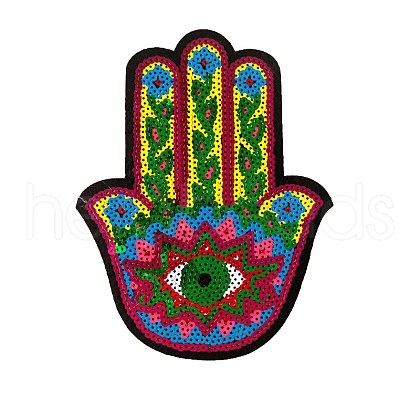 Hamsa Hand with Evil Eye Computerized Embroidery Cloth Iron on/Sew on Sequin Patches WG63761-05-1