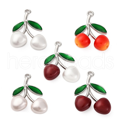 Brass Green Enamel & Plastic Cherry Pendants KK-I276-17P-1