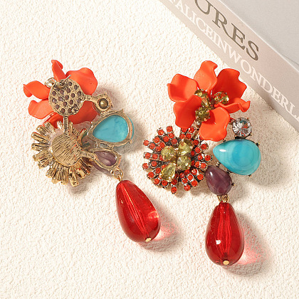 Flower with Teardrop Alloy Rhinestone Dangle Stud Earrings FS-WG594B6-01-1